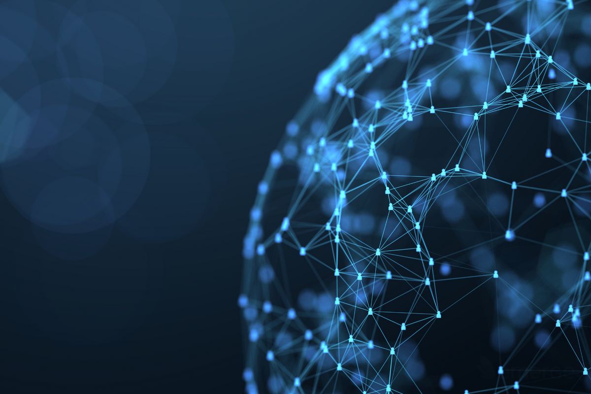 Abstract image of glowing blue network nodes connected by lines, forming a spherical shape on a dark background, conveying a tech theme.